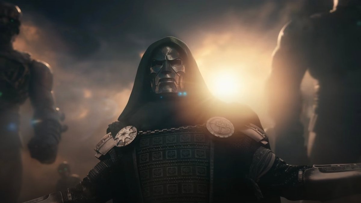 Doctor Doom silhouette against the Avengers logo